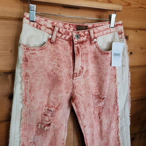 POL 💜 NWT Acid Wash Red White Straight Crop Distressed Jeans Grunge Boho S X24" - Picture 2 of 13
